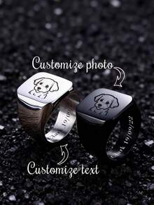 1 Piece Personalized Stainless Steel Ring, Laser Engraved Photo Text Black Gold Silver, Fashion, Vintage, Simple, Unisex, Casual, Cute, Customized, Personalized, Unique, Ideal Gift For Him, Ideal Gift For Her, Boyfriend, Dad, Family, Friends, Anniversary, Birthday, Graduation, Prom, Party - Style - View 1