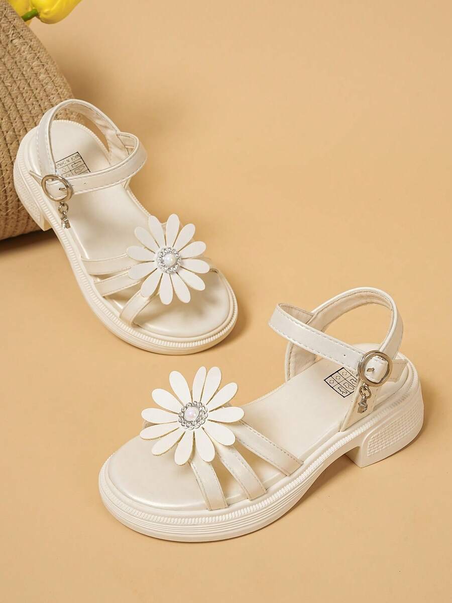 1双夏季新款女童高跟凉鞋，露趾粗跟儿童连衣裙凉鞋 - 米色 - 查看 1