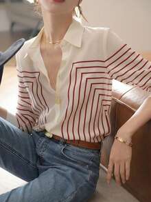 YUXIN 女款春夏/秋冬幾何條紋絲綢襯衫，長袖修身領口透氣時尚，適合辦公室、輕社交場合與休閒穿著 - 紅色 - 查看 7