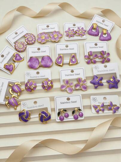 Set de 12 piezas (estilos aleatorios) Pendientes de flor de gota de agua púrpura sexy, aptos para mujeres. Hechos de acero inoxidable, sin ingredientes alergénicos. Este set incluye modelos de corazón, estrella, mariposa, flor de cerezo y otros estilos, adecuados para uso diario o como regalo.