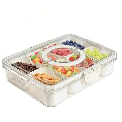 1pc 8-In-1 Transparent Food Storage Container With Lid - Plastic Kitchen Organizer Box - Sealed Compartment Tray With Handle, Suitable For Salad, Spices, Snacks - No-Electric Lunch Box For Fridge, Party, Camping