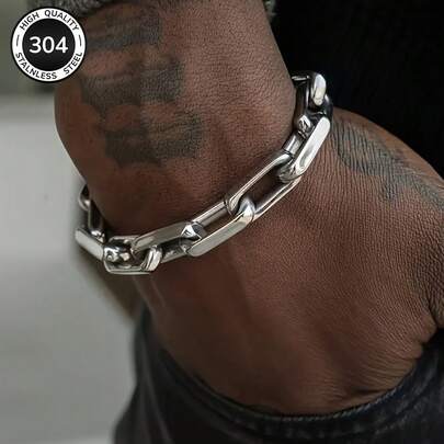 1 Piece Heavy-Duty Interlocking Chain Bracelet Made Of 304 Stainless Steel - Hypoallergenic, Fade-Resistant, Suitable For Both Everyday And Formal Wear, Perfect As A Birthday/Christmas/Graduation Gift - Durable Jewelry For Parties And Daily Use - Ideal Father's Day Gift, Hypoallergenic, Fade-Resistant, Low-Allergenic - Stylish Interlocking Chain Design, Geometric Pattern, White, Suitable For All Seasons, Men's Fashion, Suitable For Both Casual And Formal Occasions, Jewelry.