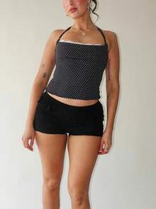 Women Crop Halter Tops Summer Dot Print Lace Trim Backless Sleeveless Vest For Streetwear Aesthetic Clothes - 黑色 - 查看 3