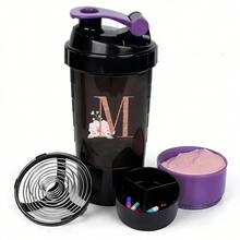 三层摇摇杯蛋白粉搅拌杯大容量水瓶搅拌杯水杯玫瑰金字母印花便携式摇摇杯健身运动搅拌杯 - 紫色 - 查看 30