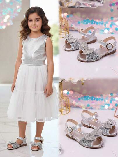 1 Pair Silver Plus Size Toddler Girls' Flat Sandals, Soft Leather With Sequins, Butterfly Decor, Strap, Open Toe, Non-Slip Soft Sole, Fashion Princess Style Beach/Casual Wear, Suitable For 3-12 Years Old, Spring/Summer
