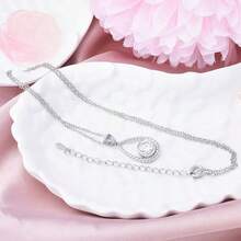 Adjustable Pure Silver Cubic Zirconia Oval Pendant Necklace, Hypoallergenic, Fashion Necklace For Women, Birthday Gift - Silver - View 4