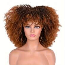 Barbique 16 Inch Ombre Brown Short Afro Curly Wig With Bangs |   Glueless Synthetic Kinky Curls, High-Temperature Fiber, Net Cap, 180% Density, Look Parties & Special Occasions, And Halloween Wigs - A-Brown - 查看 7