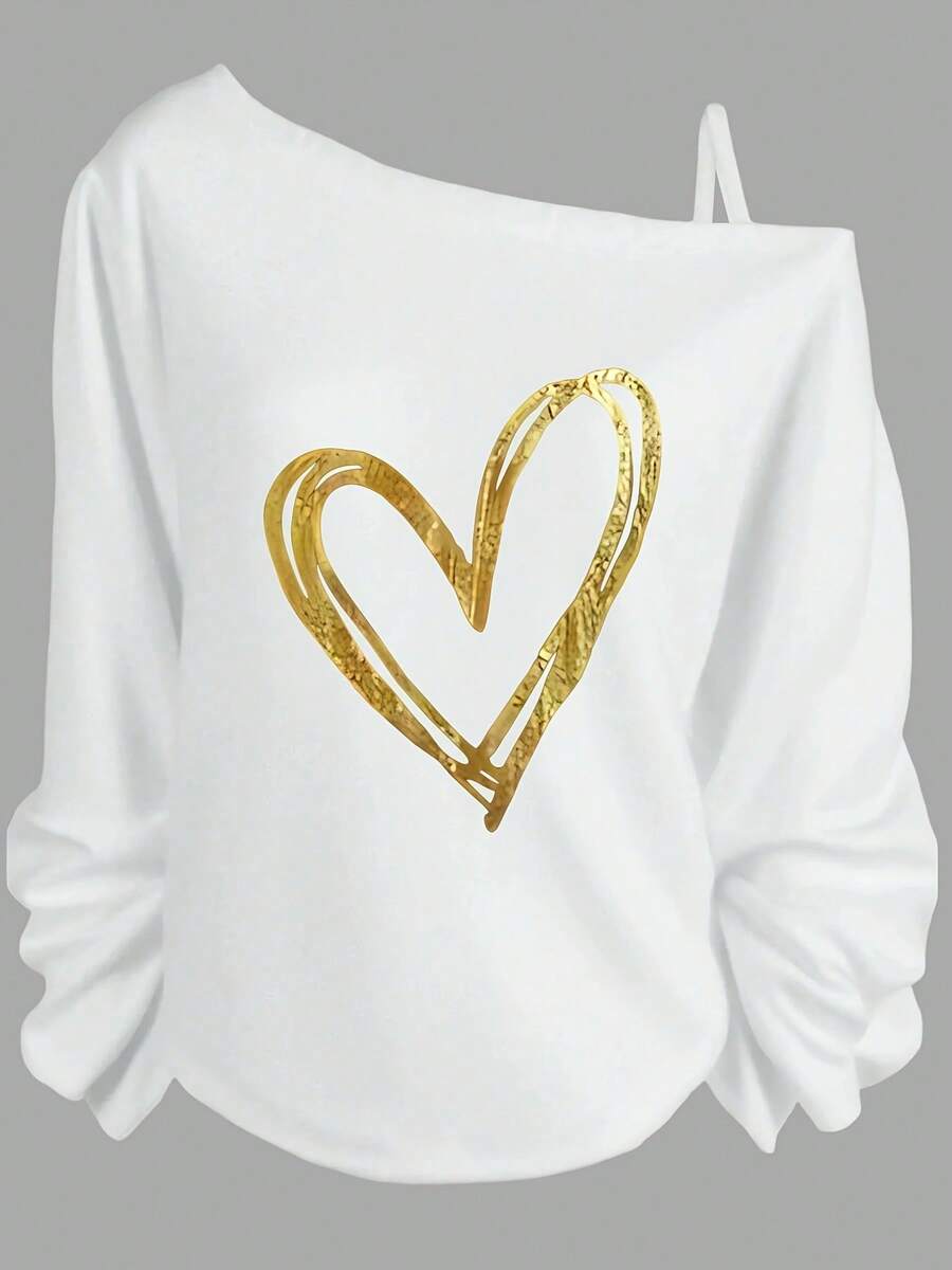 St Patricks Day Women, Gold Heart Graphic Off The Shoulder Sweatshirt, Casual Style With Long Gathered Sleeves, Perfect For Date Night And Spring Outfits-Vacation Outfits Women, Beachwear, Resort Wear, Summer TopsRelaxed Fit-Vacation Outfits Women, Beachwear, Resort Wear, Summer Tops - 白色 - 查看 1