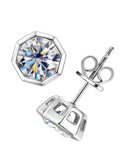 XUJIA 1 Pair Of Moissanite Earrings For Women Octagon Earrings 925 Sterling Silver Stud Earrings 6.5mm-1ct*2pcs D-Color VVS1 Round Cut Moissanite Earrings Women's Jewelry Anniversary Birthday Gift For Her