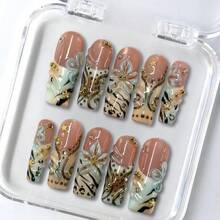 10Pcs Handmade Acrylic Press On Nails Square Aquarium Nails Festive Elegant Style - Nail Art Supplies With Raised Snowflake Pattern, Bow & Pearl Accents & Green-Gold-Beige Tones, Includes Tool Kit - Suitable For Dates, Daily Wear & Birthday Parties,Includes A Tool Kit, Making It A Great Gift For Women And Girls. - 彩色 - 查看 1