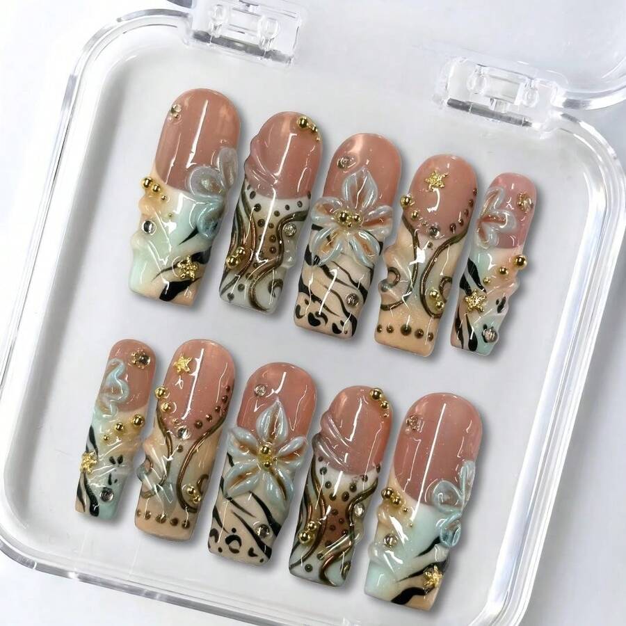 10Pcs Handmade Acrylic Press On Nails Square Aquarium Nails Festive Elegant Style - Nail Art Supplies With Raised Snowflake Pattern, Bow & Pearl Accents & Green-Gold-Beige Tones, Includes Tool Kit - Suitable For Dates, Daily Wear & Birthday Parties,Includes A Tool Kit, Making It A Great Gift For Women And Girls. - 彩色 - 查看 1