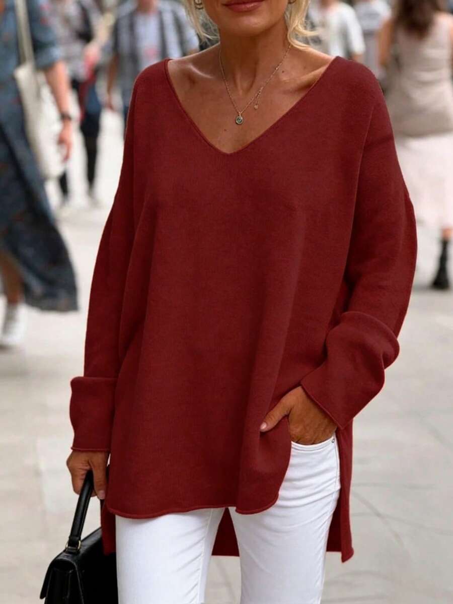 1pc V-Neck Knit Top, Front Short Back Long Hem With Slit, Suitable For Spring, Autumn, Winter Fall