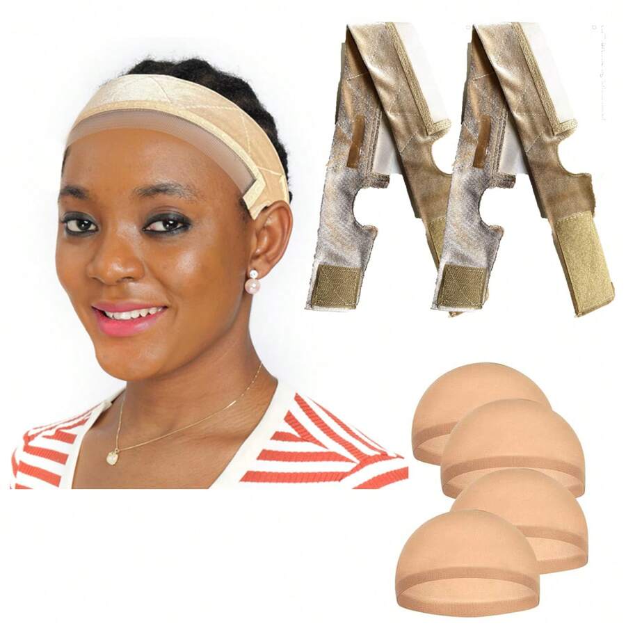 6件套假发固定带，含防滑头带、可调节蕾丝假发带（带硅胶条）和4个发网，适合女性使用。 - 彩色 - 查看 1