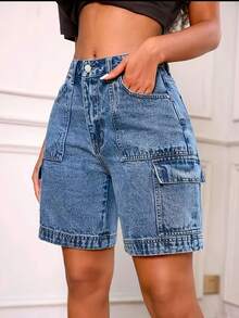 Pantalones cortos de mezclilla casuales y sueltos con diseño de bolsillo elástico de moda para mujer, para el verano - Celeste - Ver 4
