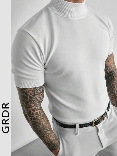 GRDR Men's Summer Short Sleeve Mock Neck Knit T-Shirt, Suitable For Daily Commute