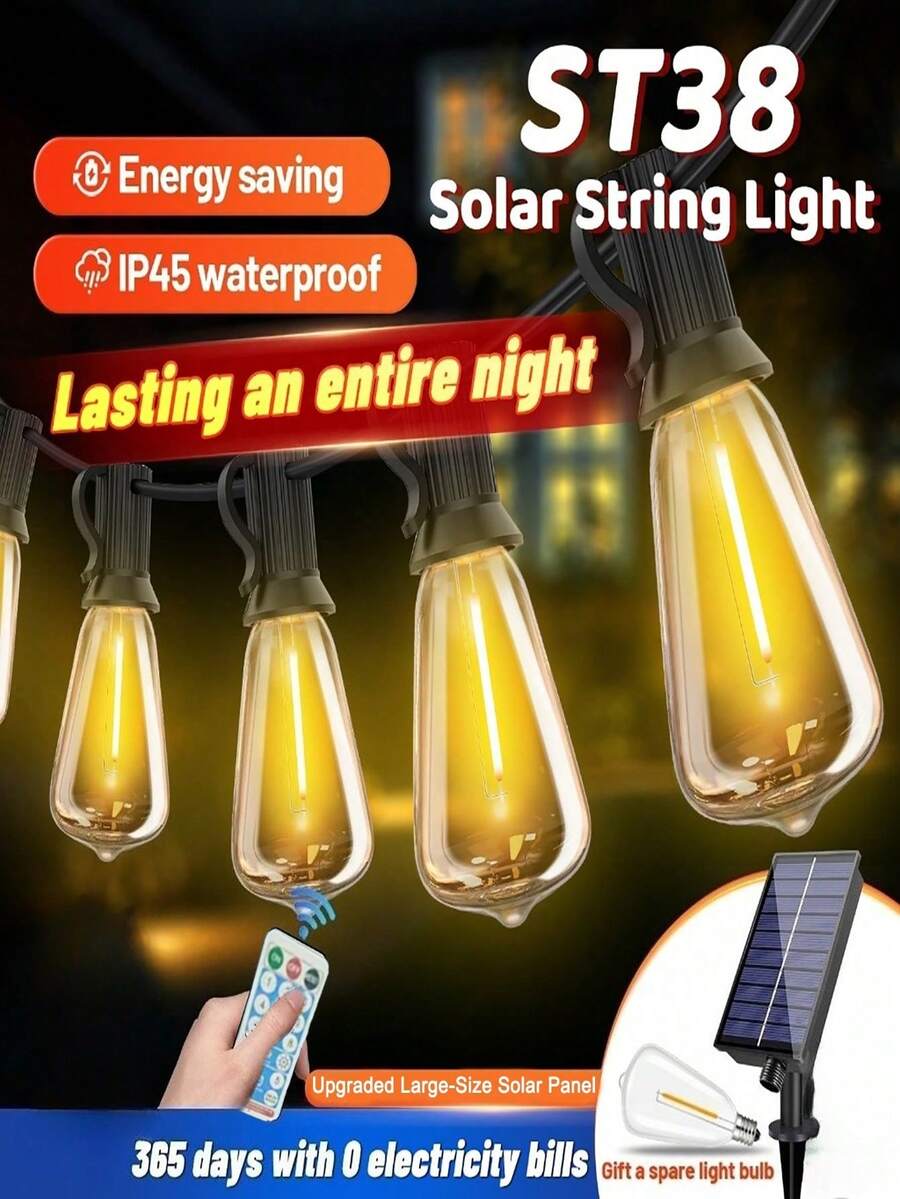 Upgraded Jumbo-Size Solar Panel Efficient Charging ST38 Garden String Lights 2200K Soft Warm Light Shatterproof LED Bulbs Remote Control Weather-Resistant For Courtyard Hanging Decoration
