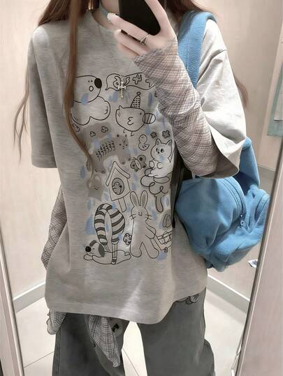 Korean Style Cute Animal Graffiti Print Cotton T-Shirt, Women Grey Plaid Patchwork Short Sleeve Loose Casual Top