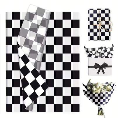 20张黑白棋盘格图案礼品包装纸 - 超大尺寸 19.7x13.8 英寸（50x35厘米），优雅的棋盘格设计，适用于生日、婚礼、派对装饰、花束、DIY - 经久耐用，适合特殊场合和日常使用，赛车主题