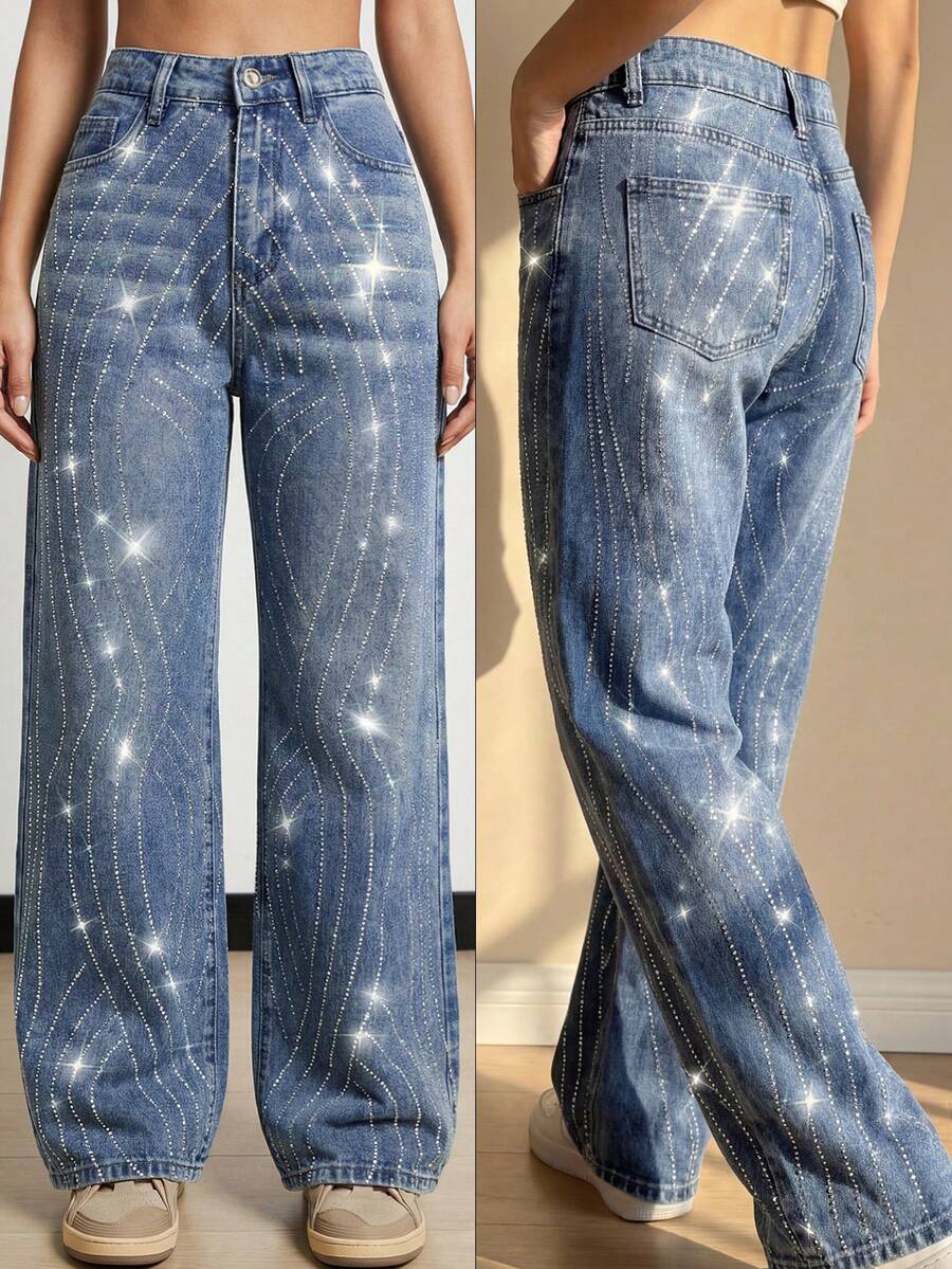 2026春季女式高腰喇叭水钻牛仔裤，时尚蓝色阔腿亮面牛仔裤，适合夜店和外出穿着，Y2K美学 - 中等水洗藍 - 查看 1