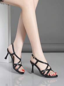 尖头时尚细高跟凉鞋，带踝带，女士款 - 黑色 - 查看 3