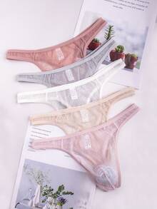 5-Piece Men's Sexy Lace Thong, Fashionable Lace Printed See Through Mesh Hollowed Out Bikini Triangle, Comfortable, Breathable, Elastic Low Waist Underwear, Suitable For Daily And Special Occasions - 混合色 - 查看 2