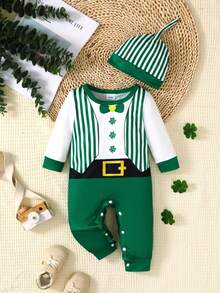 2pcs/Set Baby Boy Clover Print Patchwork Striped Cute Long Sleeve Romper + Hat - Green - View 1