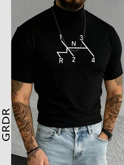 男士夏季时尚高领趣味汽车图案印花短袖T恤，通勤百搭