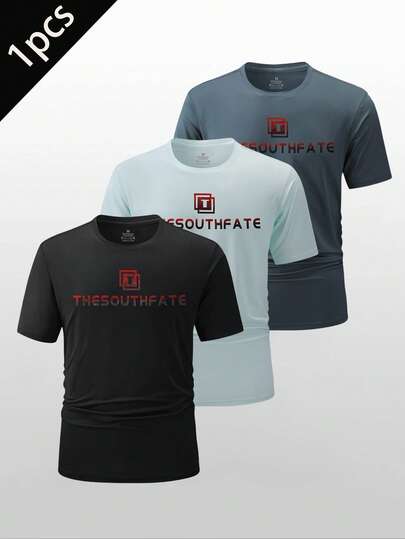 男士休闲户外T恤，轻薄圆领印花速干跑步短袖上衣，夏季黑色