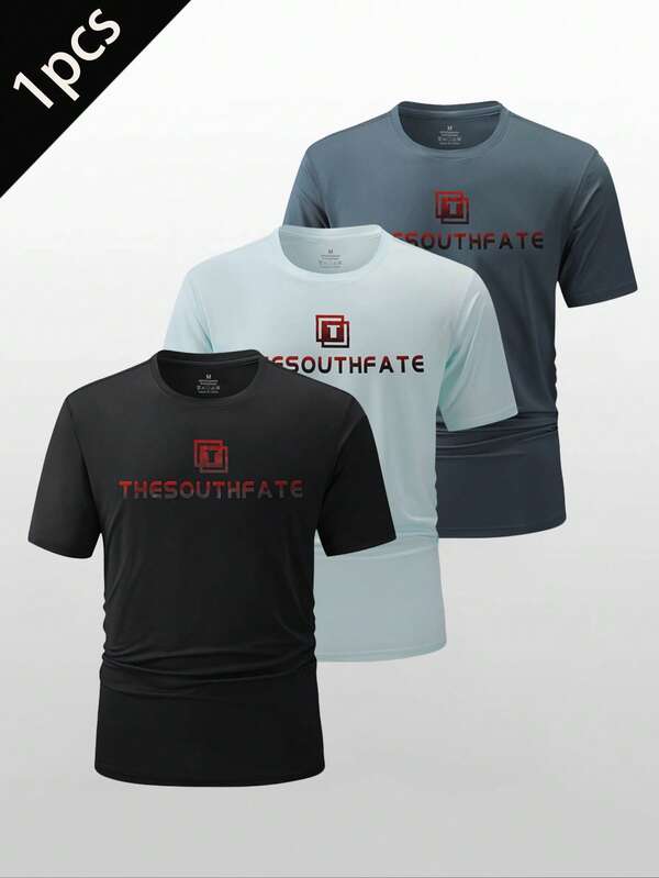 男士休闲户外T恤，轻薄圆领印花速干跑步短袖上衣，夏季黑色