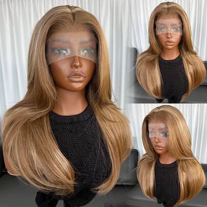 Blonde Highlight Brown Mixed Color 13x4 Synthetic Lace Front Wigs For Women 18 Inch Medium Long Wavy Curtain Bangs Glueless Kanekalon Hair Resistant Synthetic Hair Wigs Middle Part 150% Density Ready To Wear Synthetic Wigs For Daily Party Festival Holiday Use Beginner Friendly Wigs Transparent Lace Wigs