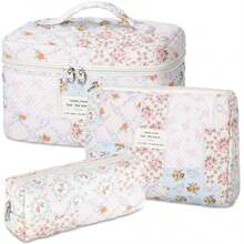 Bolsa de  acolchada de algodón para mujer bolsa de cosméticos grande tamaño pequeño de viaje Azul-Blanco Moderno -B026 - Flor rosa - Ver 8