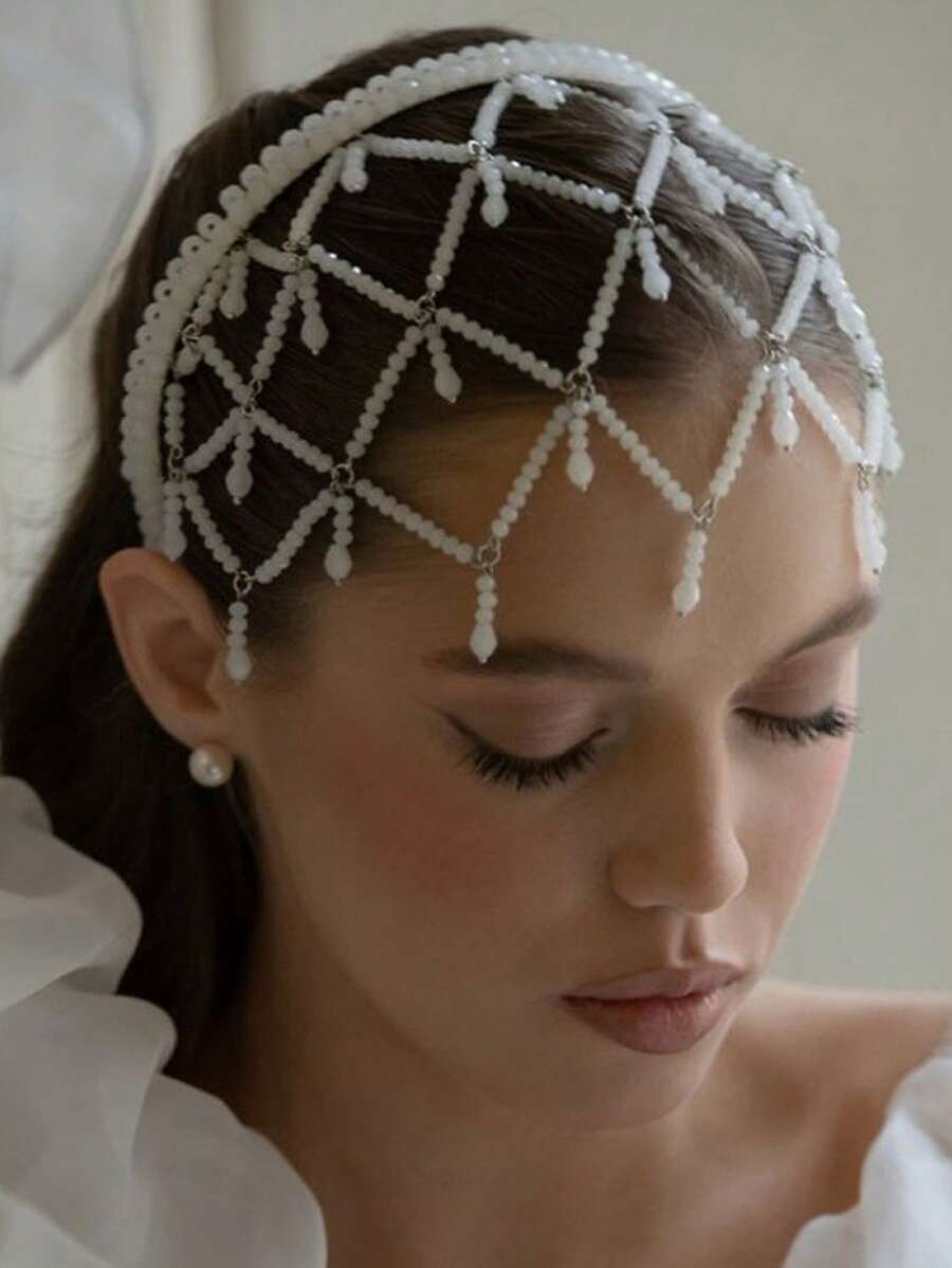 1pc New Arrival Grid Pattern Headband, Versatile Bridal Style Elegant Headpiece For Women - Silver - View 1
