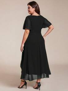 EVERPRETTY Plus Size Elegant Chiffon V-Neck Pleated Front Black Bridesmaid Dress, Soft High-Low Ruffle Hem, Suitable For Wedding Ceremony And Formal Evening Events - Black - View 5