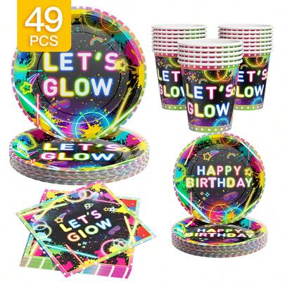 Plato desechable, servilleta y juego de vasos con fondo negro y graffiti colorido para cumpleaños, sirve para 8 invitados, vajilla desechable de papel apta para cumpleaños, bodas, fiestas temáticas, picnics familiares