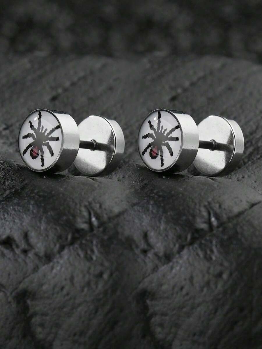 男士不锈钢蜘蛛螺丝耳钉一对 - 銀色 - 查看 1