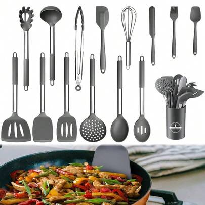15Pcs/Set Silicone Kitchen Utensil Set With Stainless Steel Handle Heat Resistant Non-Stick Cookware Utensils Suitable For Home Cooking Baking Frying Mixing Kitchen Essential Tools Perfect Gift For Women Birthday Holiday