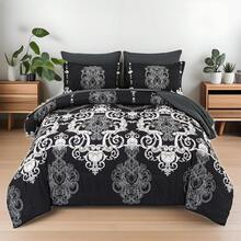 7 Pieces Black Gold Comforter Set Queen King Size,  Bohemian Damask Comforter Sets With Sheet,Soft Lightweight Microfiber Bedding Set, Suitable For Bedroom, Guest Room, Dormitory, Wedding Items,Valentines Day Home Bed Room Decor,Easter Gifts,Mothers Day Gift,All Season - Navy Blue - View 3