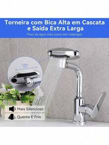 Torneira Monocomando Banheiro Cascata 360° 4 Modos Aço 304 Acabamento - Falar - Visão 3