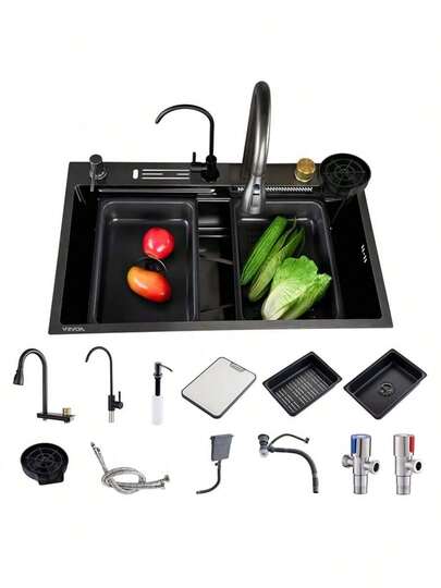 Pia Gourmet Cozinha 75x45cm Pia Multifuncional Aço Escovado Inox 304 Cor Preto Com + Torneira Monocomando Flexível Cascata Purificador Lavador De Copos Tábua Cesto Dispenser 300ml