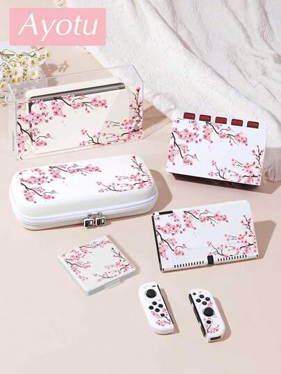 Ayotu Sakura Tree Pattern Game Console Shell And Accessories Compatible With Switch/Switch OLED/Switch Lite, Including Protective Case, Storage Bag, Dock Shell, Console Dust Cover, Game Card Case, Controller Grip, Etc. Suitable For Christmas, Spring Romance, Valentine's Day, Back To School And Other Occasions As Gifts