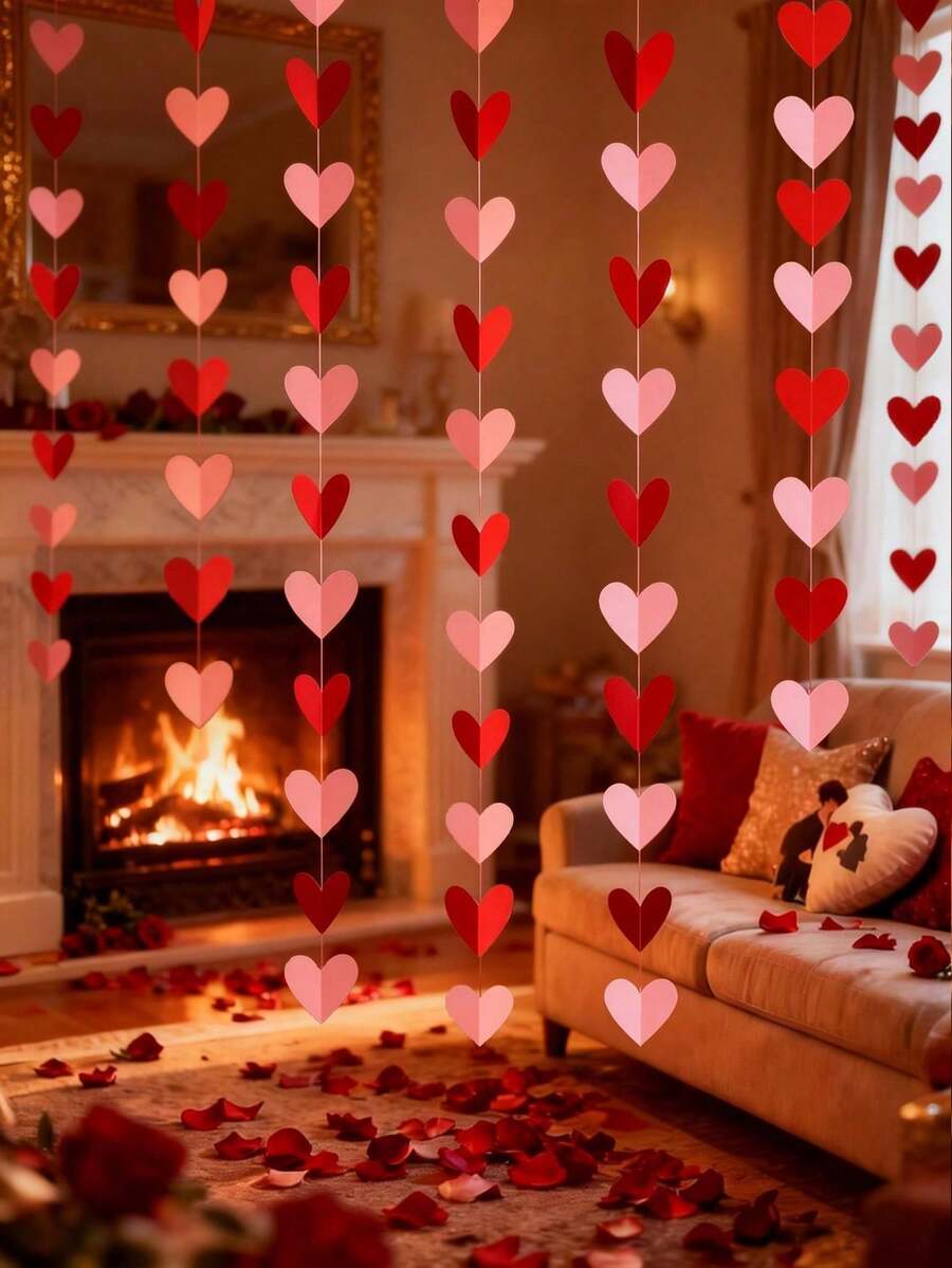 80个心形花环，红粉色 - 情人节装饰，悬挂式心形装饰，情人节横幅，悬挂式情人节花环，情人节装饰品，大型心形情人节装饰，情人节礼物，房间装饰，派对装饰，浪漫主题装饰，轻质材料，易于悬挂，送给她的礼物，节日购物，婚礼装饰（无需DIY） - 彩色 - 查看 1