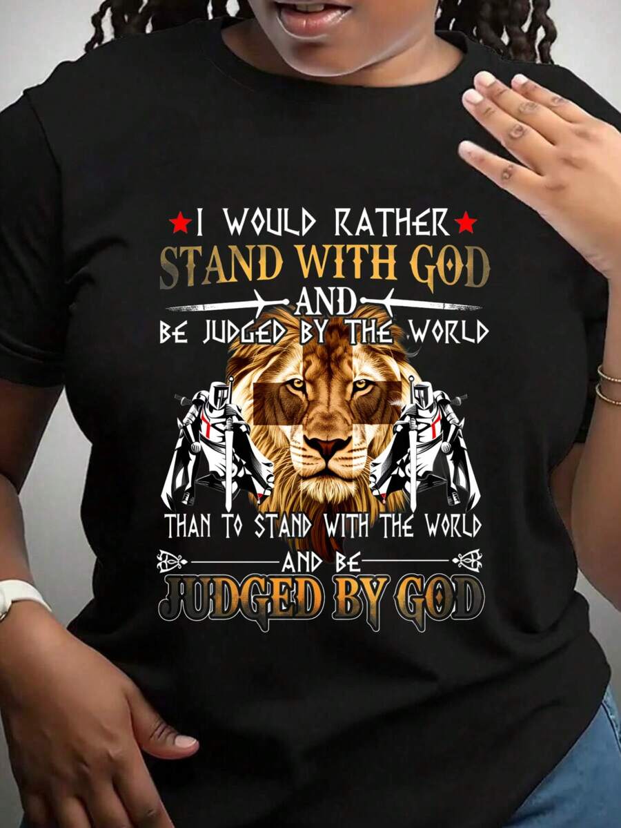Lion With Knights And Swords Graphic T-Shirt For Women, Oversized Crewneck Tees Casual Wear, Spring Cotton Tops Short Sleeve, Summer Basic Tees, Funny Clothes For Women - màu đen - Xem 1