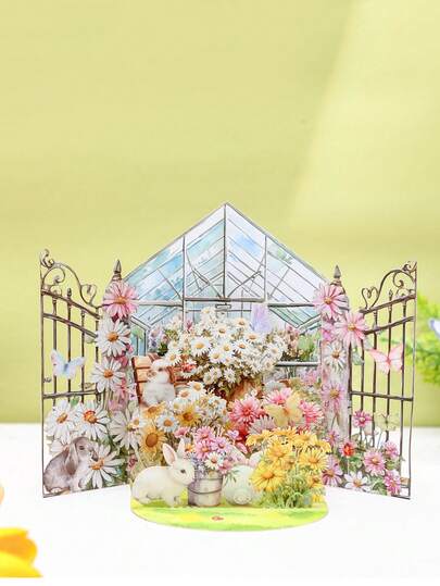 1pc Exquisite 3D Pop-Up Greeting Card, Daisy Garden Design, Daisy Floral Rabbit Motif, Holiday Gift, Mother's Day Gift (Includes Envelope), Home Decor Item