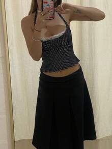 Women Crop Halter Tops Summer Dot Print Lace Trim Backless Sleeveless Vest For Streetwear Aesthetic Clothes - 黑色 - 查看 7