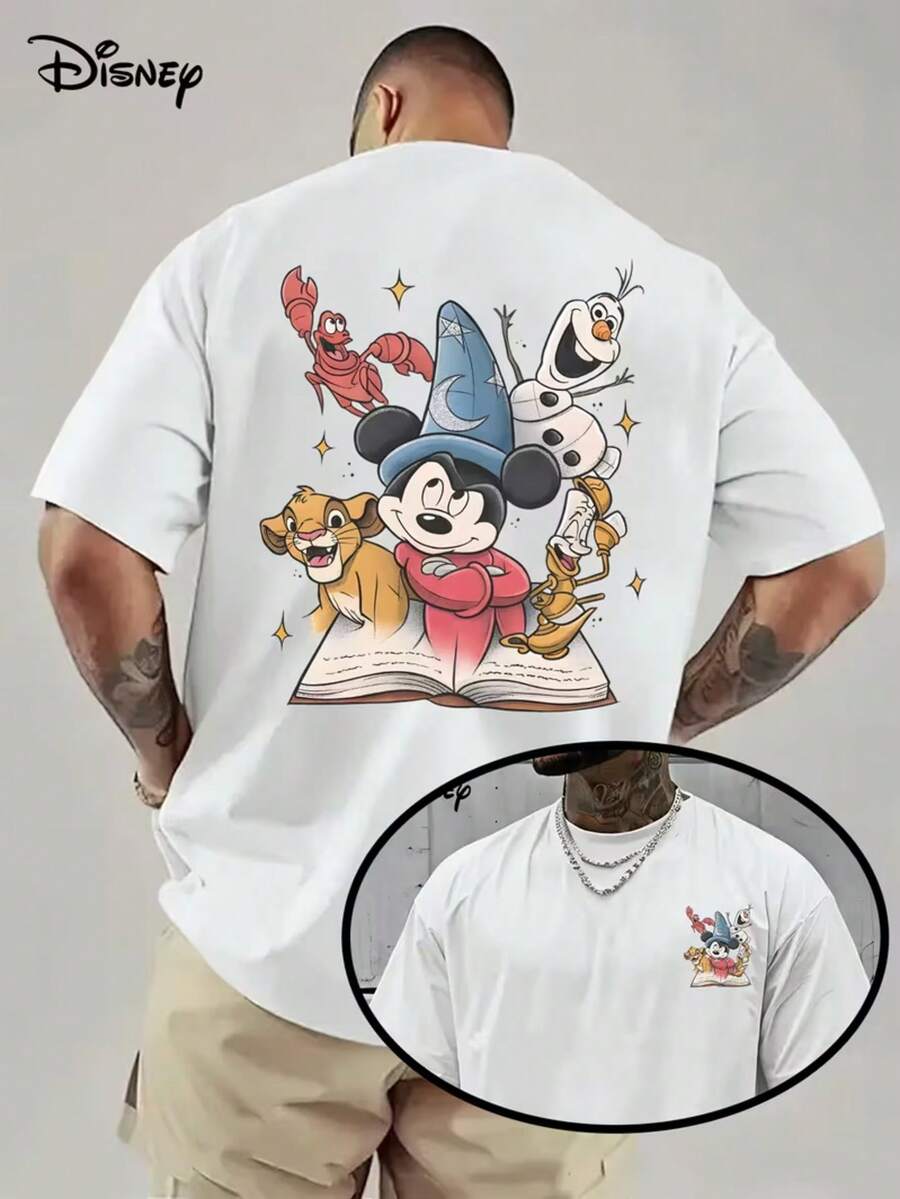 Authorized By Disney, Men's T-Shirt With Round Neck And Short Sleeves For Casual Summer Tops, Mickey Magic Design Printing, Front And Back Double Pattern Design, Suitable For Both Men And Women, 100 Cotton Breathable Knitted Fabrics, Regular Version Of Wild Models, Fashion And Leisure, Gym, Outdoor Wear And Machine Washable! - trắng - Xem 1