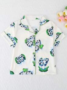 3pcs/Set Girls' Casual "67" Number & Football Graphic Print Polo Collar Cardigan, Shorts & Pants Sleepwear Set, Flame Retardant, All Season - Apricot - View 3