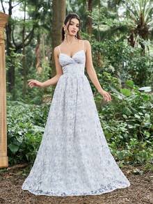 Faeriesty 优雅系带荷叶边腰部镂空开衩连衣裙，正式吊带礼服 - 白色 - 查看 4