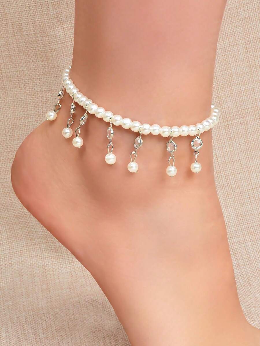 1 chiếc vòng chân co giãn kiểu Bohemian đính ngọc trai giả, trang sức chân dự tiệc cưới - Bạc - Xem 1