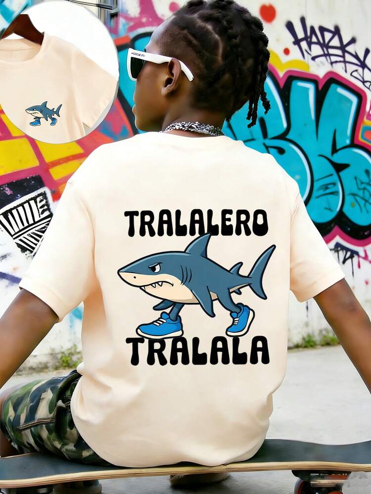 Tween Boy "Italian Brainrot-Tralalero Tralala" Printed T-Shirt, Suitable For Boys' Daily Wear, Campus Style, Streetwear, Fashionable Summer Top For Boys - Apricot - View 5
