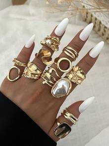Zestaw pierścionków z perłami w stylu vintage, eleganckim, boho, asymetrycznym, geometrycznym, plisowanym kwiatem, 14/12/9/8/5 szt., idealny na co dzień, na imprezę, randkę, święta, ślub, prezent na festiwal. - Złoto - Zobacz 3